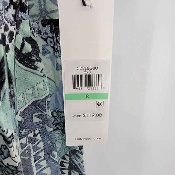 NEW Calvin Klein Women's‎ Floral Geo Print Blouson Puff Sleeve A Line Dress Blue - Picture 8 of 14